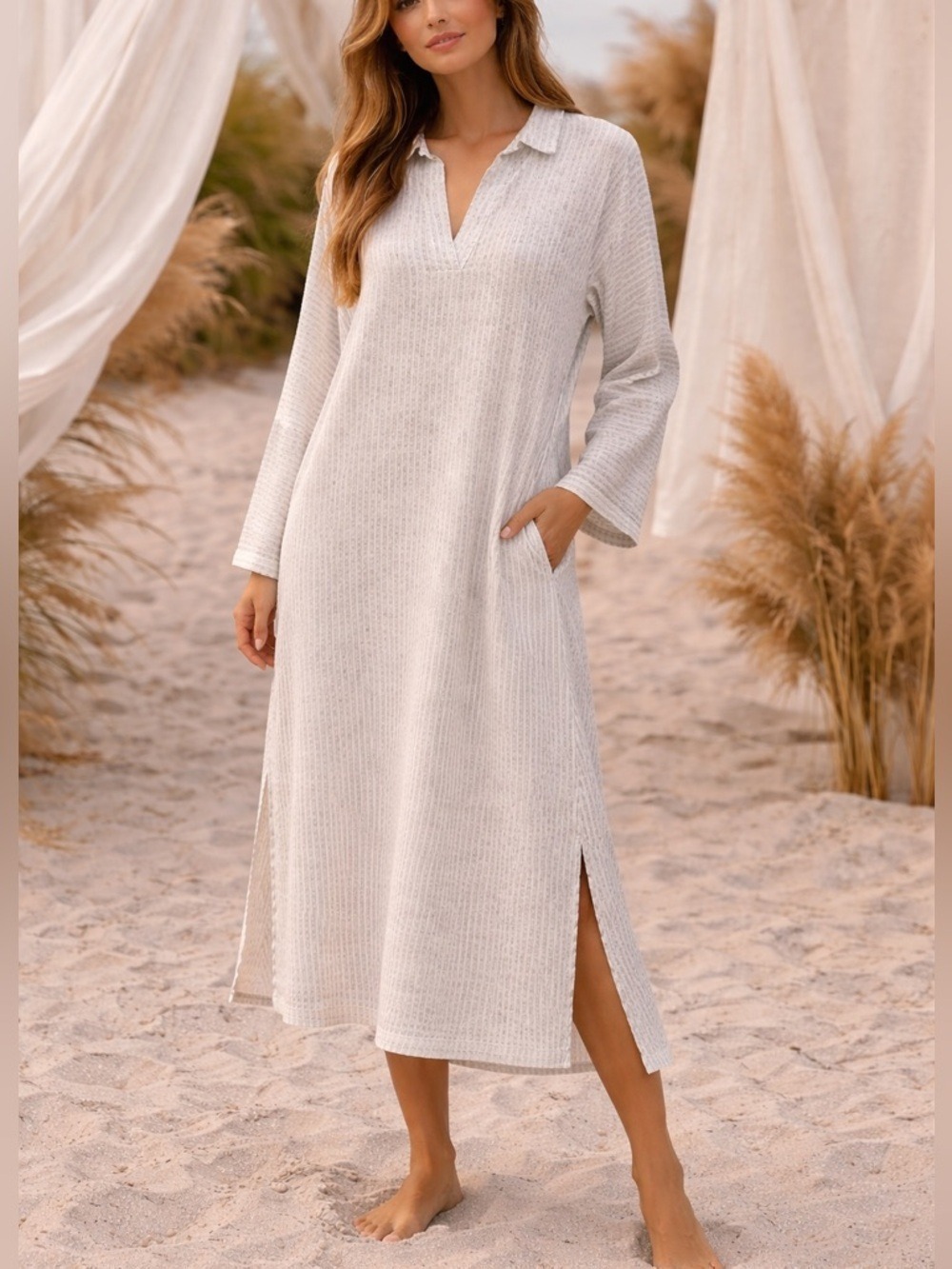 Free People Beach White Gray Stripe Midi Dress Kaftan Swim Cover Pockets large - Picture 2 of 8